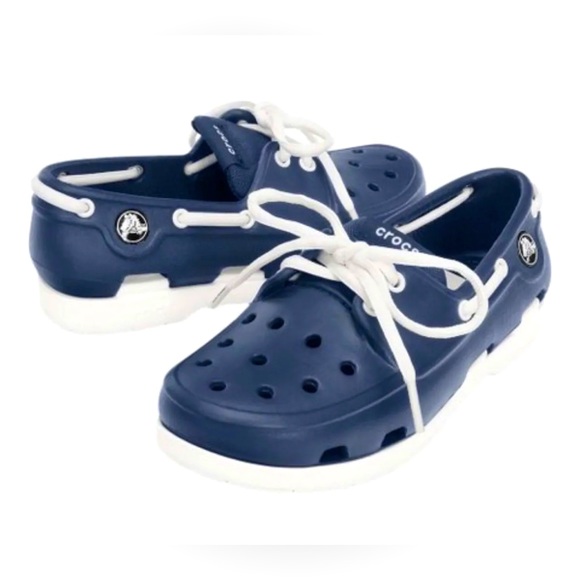 CROCS Navy Blue & White Beach Line Boat Shoe Girls Children Size 8 NEW - Picture 1 of 3